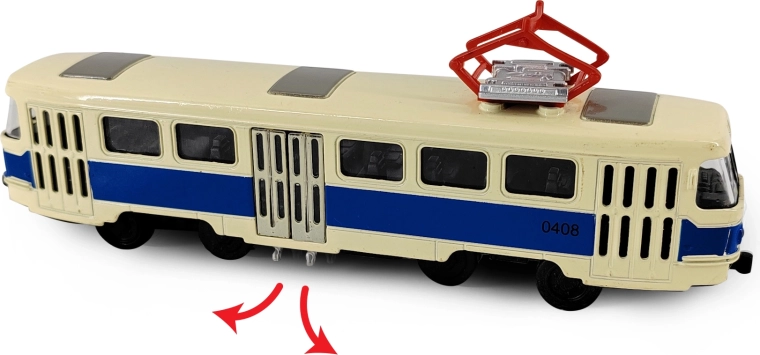Metalowy retro tramwaj T3, niebieski, 16 cm