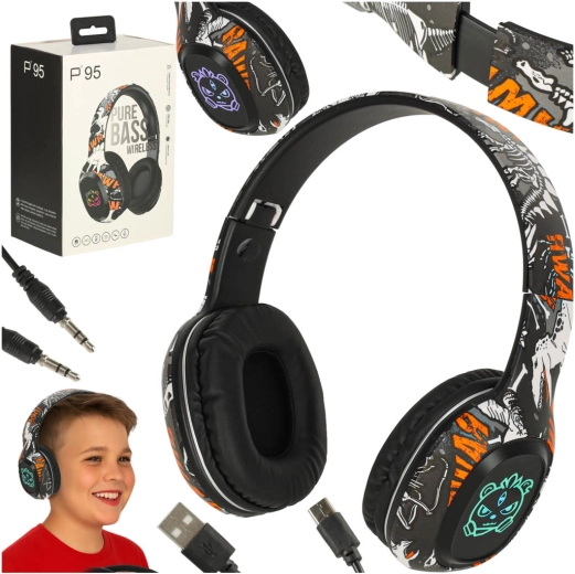 Bezprzewodowe słuchawki Bluetooth nauszne z podświetleniem RGB, czarne