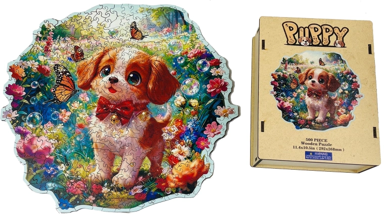 Drewniane puzzle – wesoły szczeniaczek