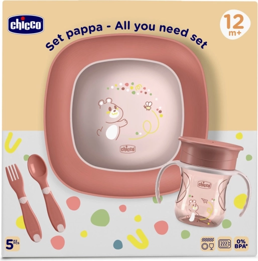 Chicco zestaw do karmienia dla dzieci z kubkiem 360° różowy 12m+