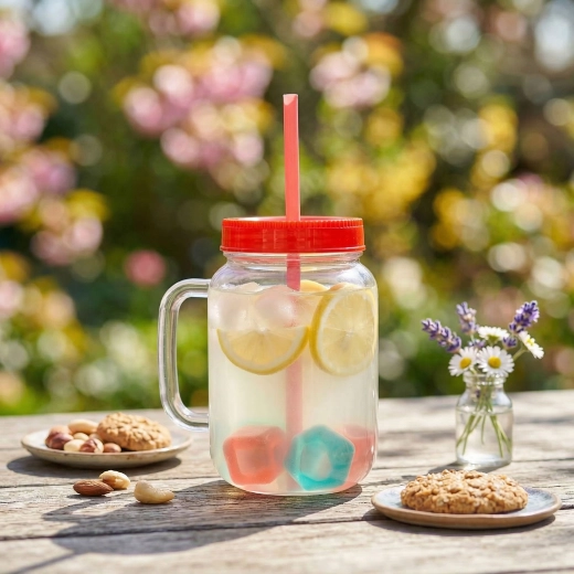 Czerwony kubek ze słomką i kostkami chłodzącymi 550 ml