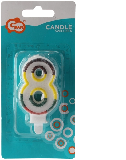Biała świeczka urodzinowa cyfra 8 z brokatowym brzegiem