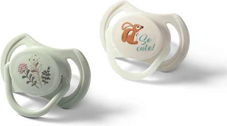 BabyOno silikonowe smoczki symetryczne 6–18 m, 2 szt. (dzienny + świecący w nocy)