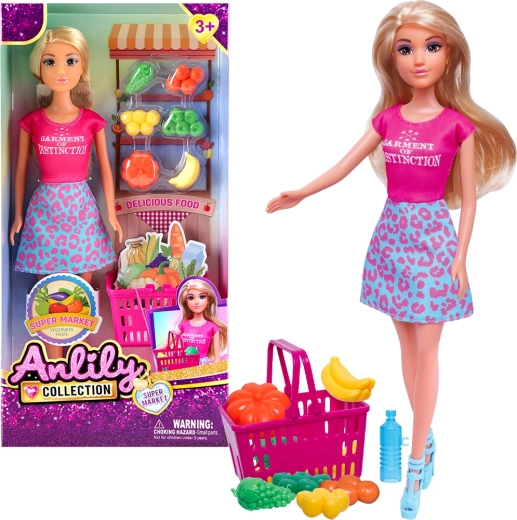 Lalka z koszykiem na zakupy i sklepikiem z owocami i warzywami