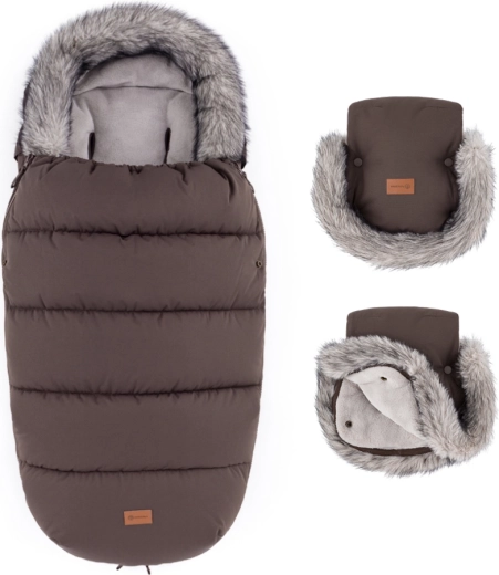 PETITE&MARS zestaw zimowy: śpiworek Comfy 4w1 + rękawice do wózka Furry rich brown