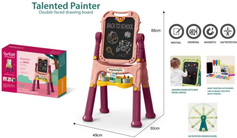 Dziecięca artystyczna tablica 48 szt. – różowa, dwustronna kredowa i magnetyczna