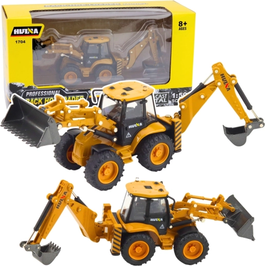 Metalowy model koparko-ładowarki Huina w żółtym kolorze 1:50
