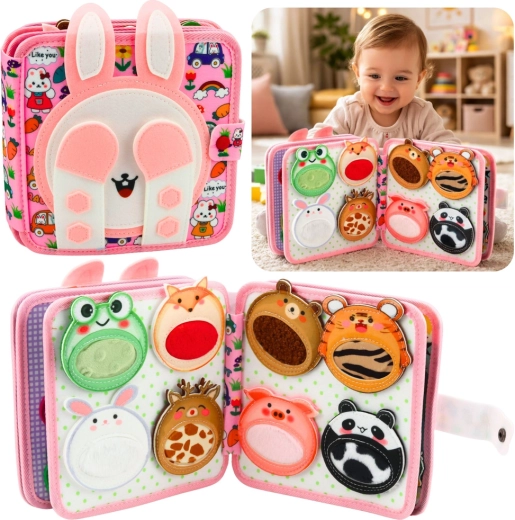 Tekstylna sensoryczna książeczka z filcu – różowy króliczek 3D