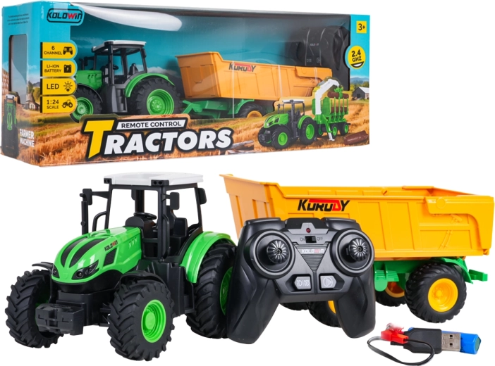 Zdalnie sterowany traktor z żółtą wywrotką w skali 1:24