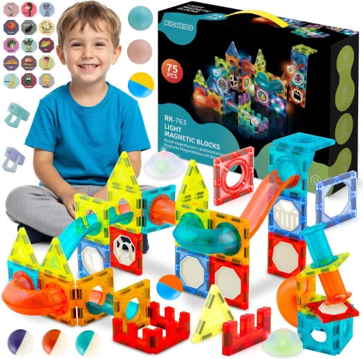 Ricokids magnetyczne świecące klocki konstrukcyjne – tor kulkowy XL (70+ elementów)
