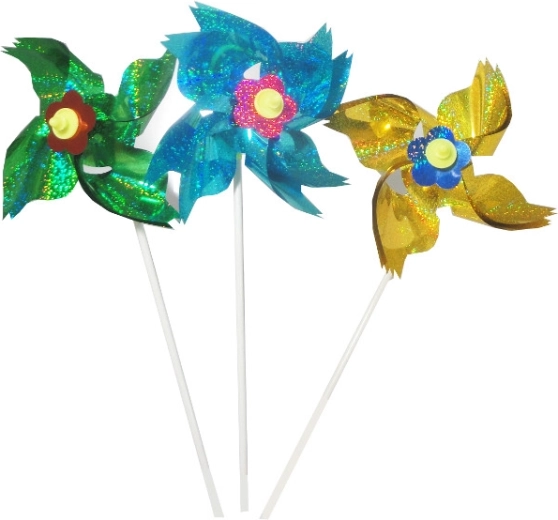 Kolorowy holograficzny wiatraczek na plastikowym patyczku