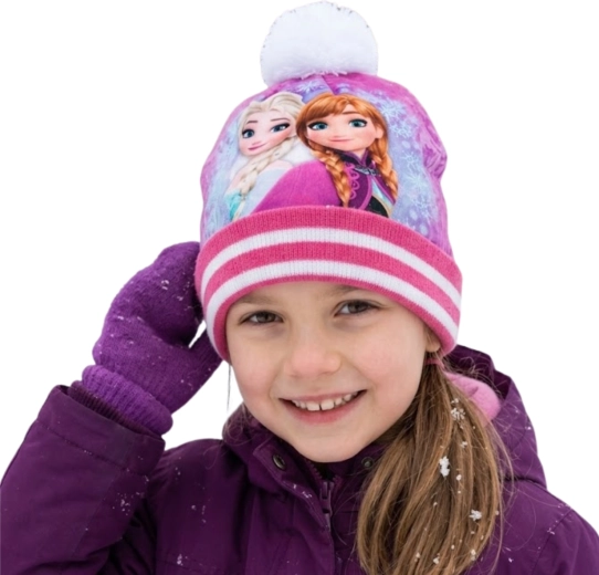 Dziecięca zimowa czapka Disney Frozen Elsa i Anna z pomponem, ciemnoróżowa