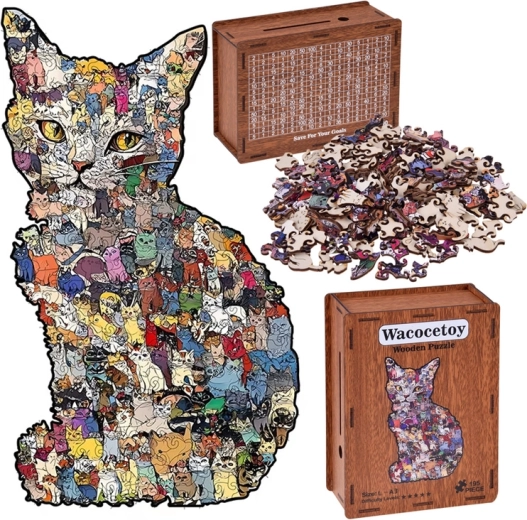 Drewniane puzzle kot 2w1 z pudełkiem–skarbonką (vintage), A3, 195 elementów