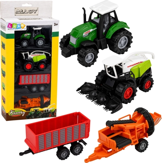 Zestaw pojazdów rolniczych – traktor, sieczkarnia, przyczepa i prasa (4 szt.) 1:68