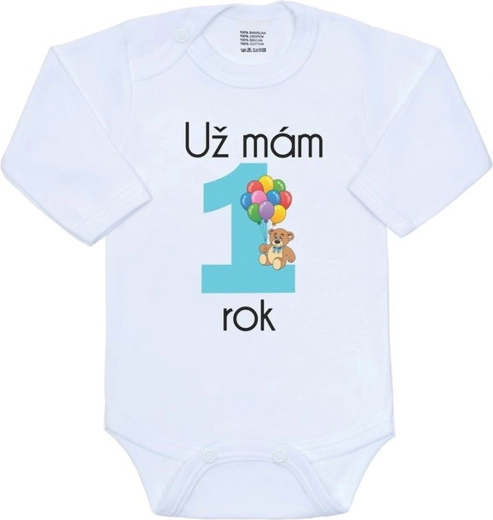 Body niemowlęce z nadrukiem New Baby Mam już 1 rok, niebieskie, rozm. 86