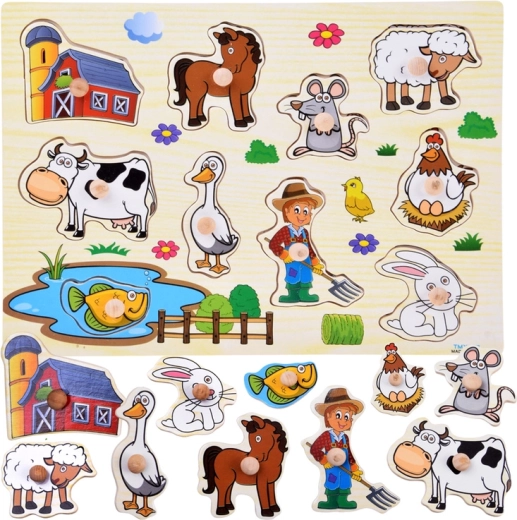 Drewniane puzzle wkładane farma z uchwytami (10 elementów)