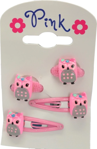 Duży zestaw spinek i gumek do włosów Sowa – różowy