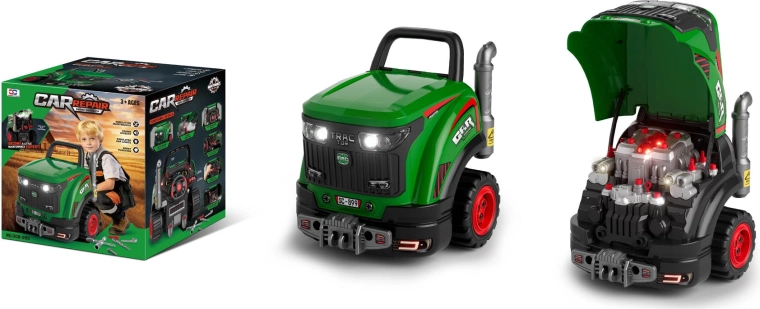 Zielony mechaniczny traktor dla dzieci z dźwiękiem, światłem i parą