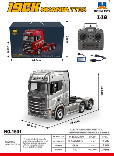 Zdalnie sterowana ciężarówka Scania 770S 1:18 szara