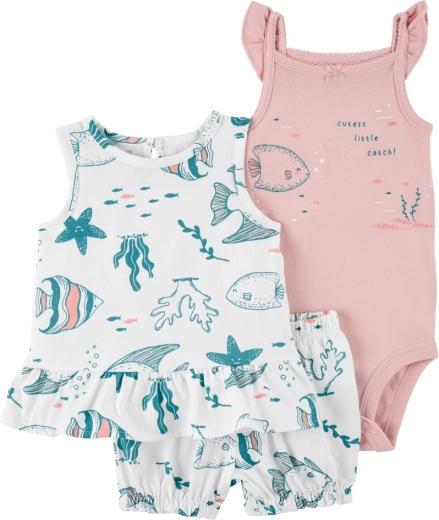 Carter's 3-częściowy zestaw Pink Ocean dla dziewczynki (koszulka na ramiączkach, spodenki, body) – 12 m