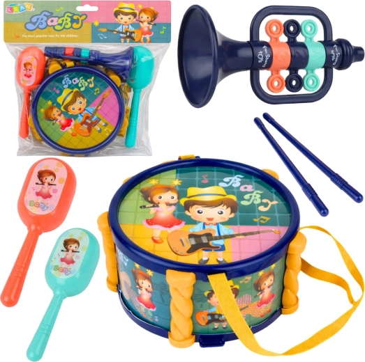 Muzyczny zestaw dla dzieci – bębenek, trąbka i grzechotki