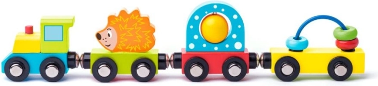 Drewniany pociąg z jeżem i zabawkami Woody
