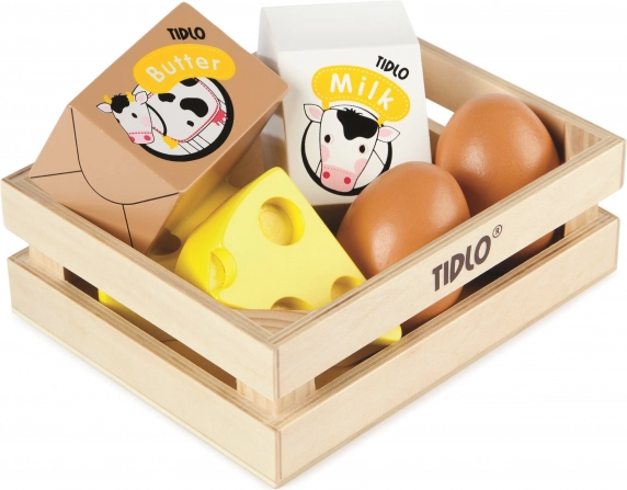 Tidlo drewniana skrzynka z nabiałem i jajkami