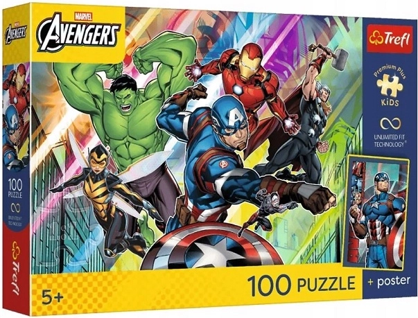 Trefl Marvel Avengers puzzle dla dzieci 100 elementów Siła i Moc z plakatem