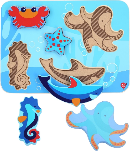 Drewniane puzzle wkładane Sea World – LUCY & LEO, 6 elementów