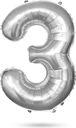 Srebrny foliowy balon urodzinowy w kształcie cyfry 3, 85 cm