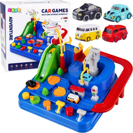 Interaktywna kolejka samochodowa z przeszkodami i parkingiem, 4 auta i helikopter – niebieska