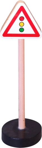 Drewniany znak drogowy – Uwaga, sygnalizacja świetlna