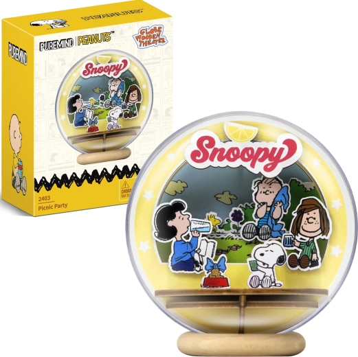 Puremind drewniany model 3D SNOOPY PEANUTS – piknik w parku w przezroczystej kuli