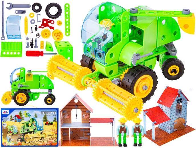 Konstrukcyjny zestaw klocków rolniczych 8 w 1 (153 elementy) – kombajn, stodoła i traktor