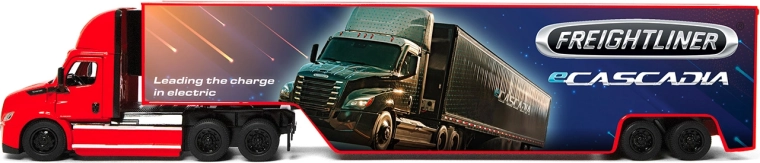 Metalowa ciężarówka Freightliner eCascadia z kontenerem 33 cm