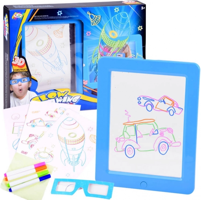 Podświetlana tablica do rysowania z okularami 3D i neonowymi markerami – Niebieska