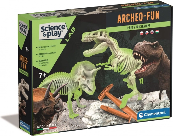 Clementoni Science & Play ArcheoFun: T‑Rex i Triceratops – zestaw wykopaliskowy ze świecącymi szkieletami