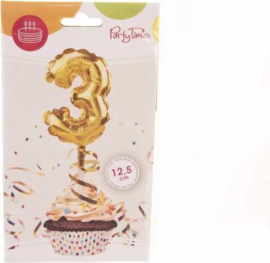Foliowy balonik numer 3 z motywem tortu, złoty 12,5 cm