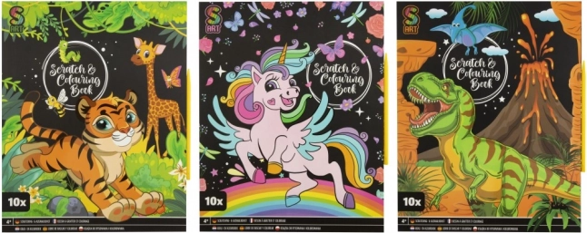 Zestaw do wydrapywania i kolorowania dla dzieci – 10 arkuszy z plastikowym długopisem