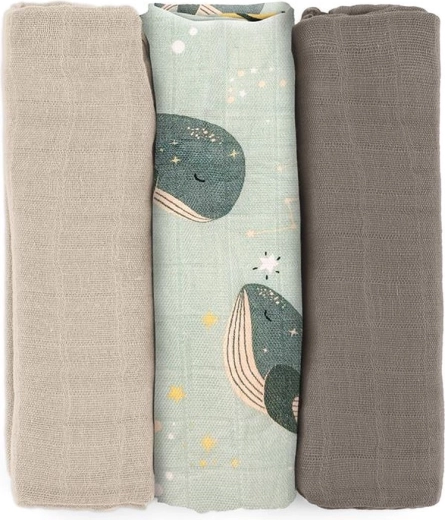 Petite&Mars bambusowe pieluszki muślinowe Moussy whale song 68 × 68 cm, 3 szt.