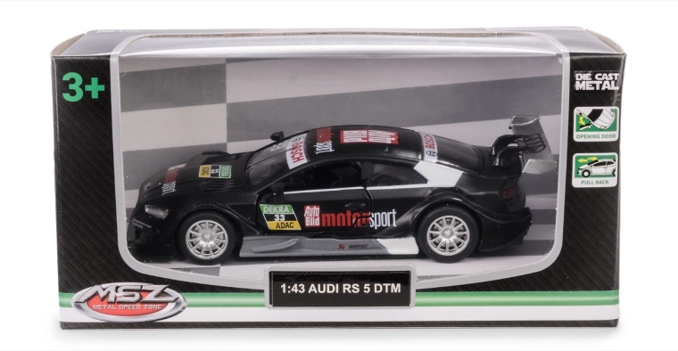 Model auta AUDI RS 5 DTM 1:43 czarny metalowy z otwieranymi drzwiami i mechanizmem pull-back