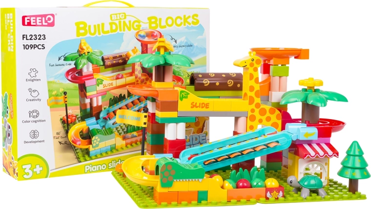 Klocki safari – kulkowa zjeżdżalnia z pianinkiem (109 elementów)