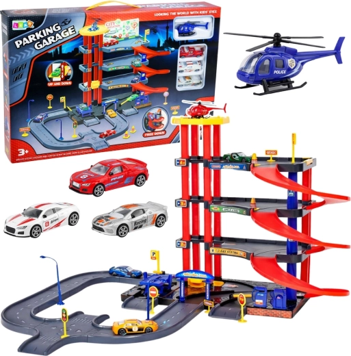 dziecięcy wielopoziomowy parking 4 piętra z windą i lądowiskiem dla helikopterów, 70 elementów