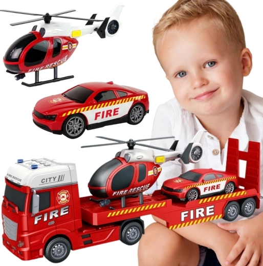 Woopie wóz strażacki z lawetą, helikopterem i samochodem, ze światłem i dźwiękiem