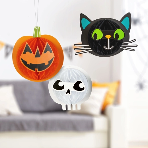 Halloweenowy papierowy zestaw wiszących lampionów z dynią, kotem i czaszką