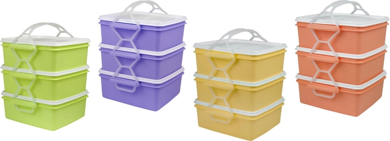 Pojemnik na jedzenie 3‑poziomowy 3 × 1,2 l, kwadratowy, plastikowy, mix kolorów