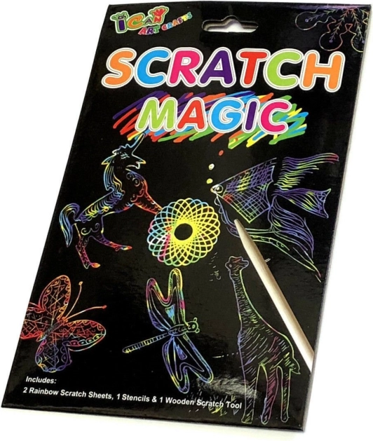 Tęczowe zdrapywane arkusze z szablonami i drewnianym piórkiem