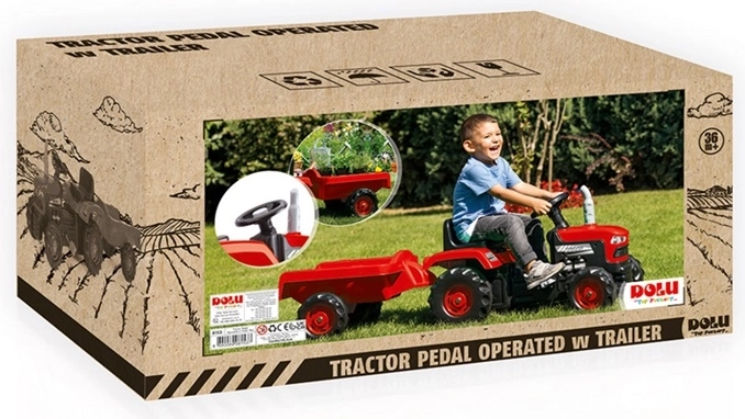 Dolu traktor na pedały z przyczepą, czerwony