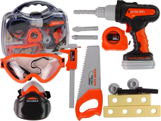 Zestaw narzędzi z wiertarką elektryczną i okularami ochronnymi