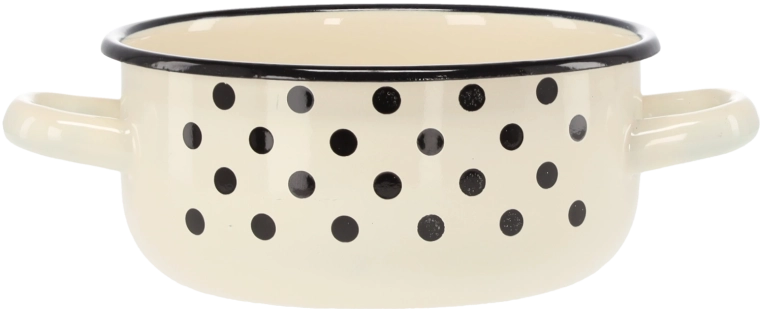 Emaliowany rondel z dwoma uchwytami 1,5 l, 16 cm, biały w kropki